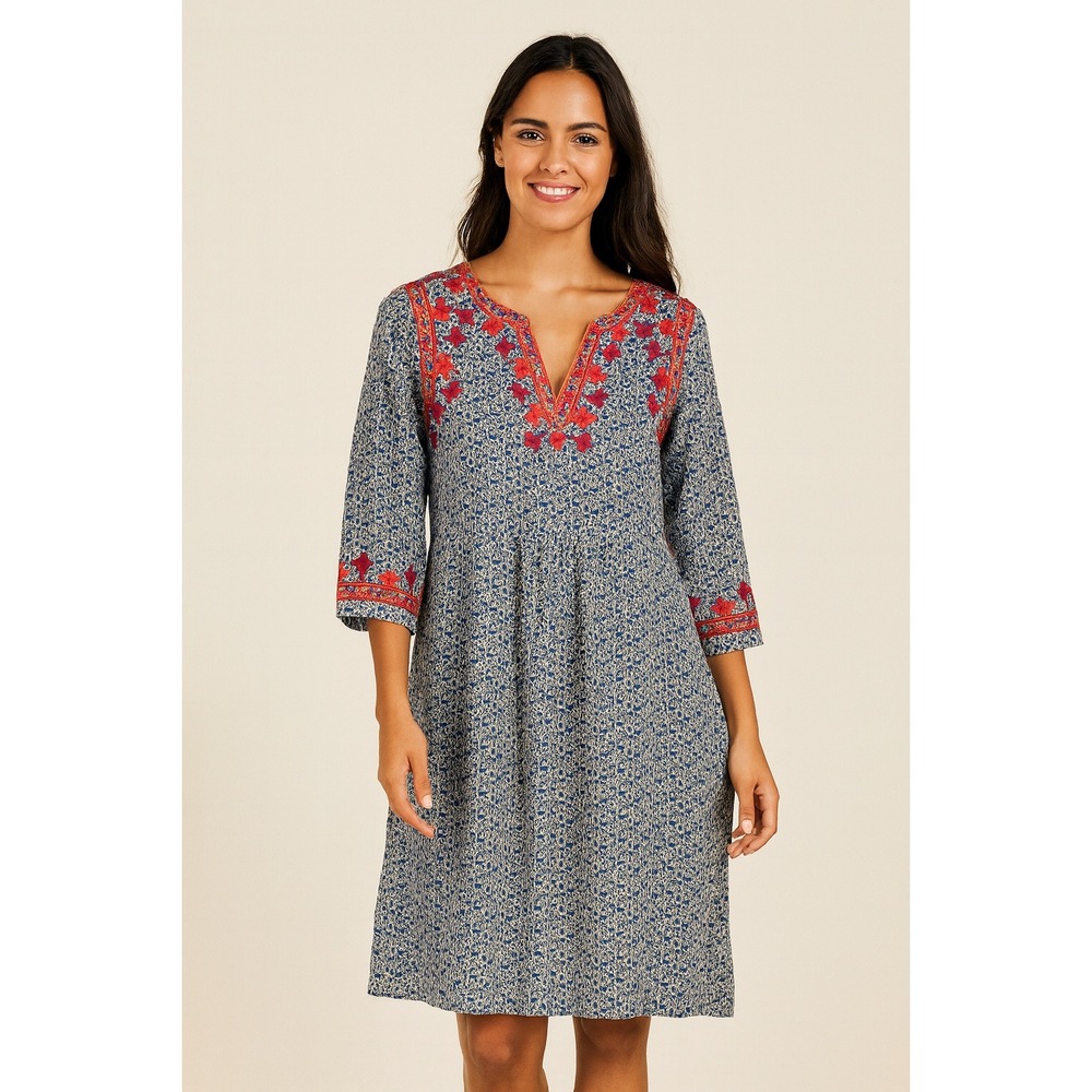 Boden Blue and Red Floral Embroidered Cotton Dress